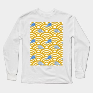 Blue fishes in yellow seigaiha waves Long Sleeve T-Shirt